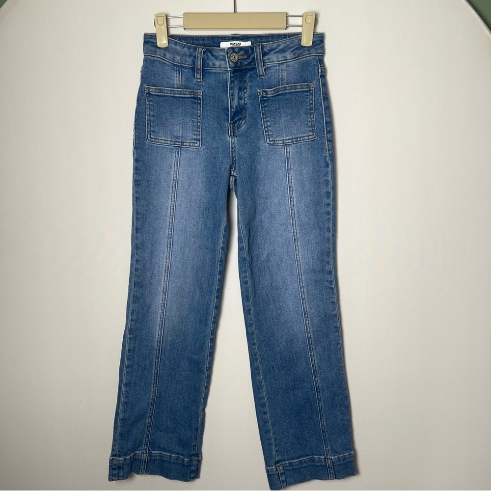 Bayeas Mid Rise Patch Pocket  Wide Leg Jeans Blue 24 (P) Blue Denim Front Seam